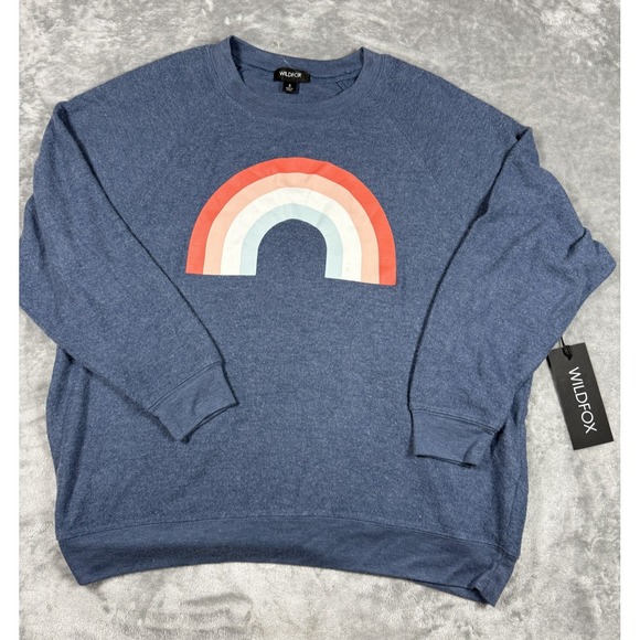 Wildfox Sweatshirt Womens Small‎ Blue Rainbow Crewneck Pullover Graphic Soft New - Picture 1 of 11